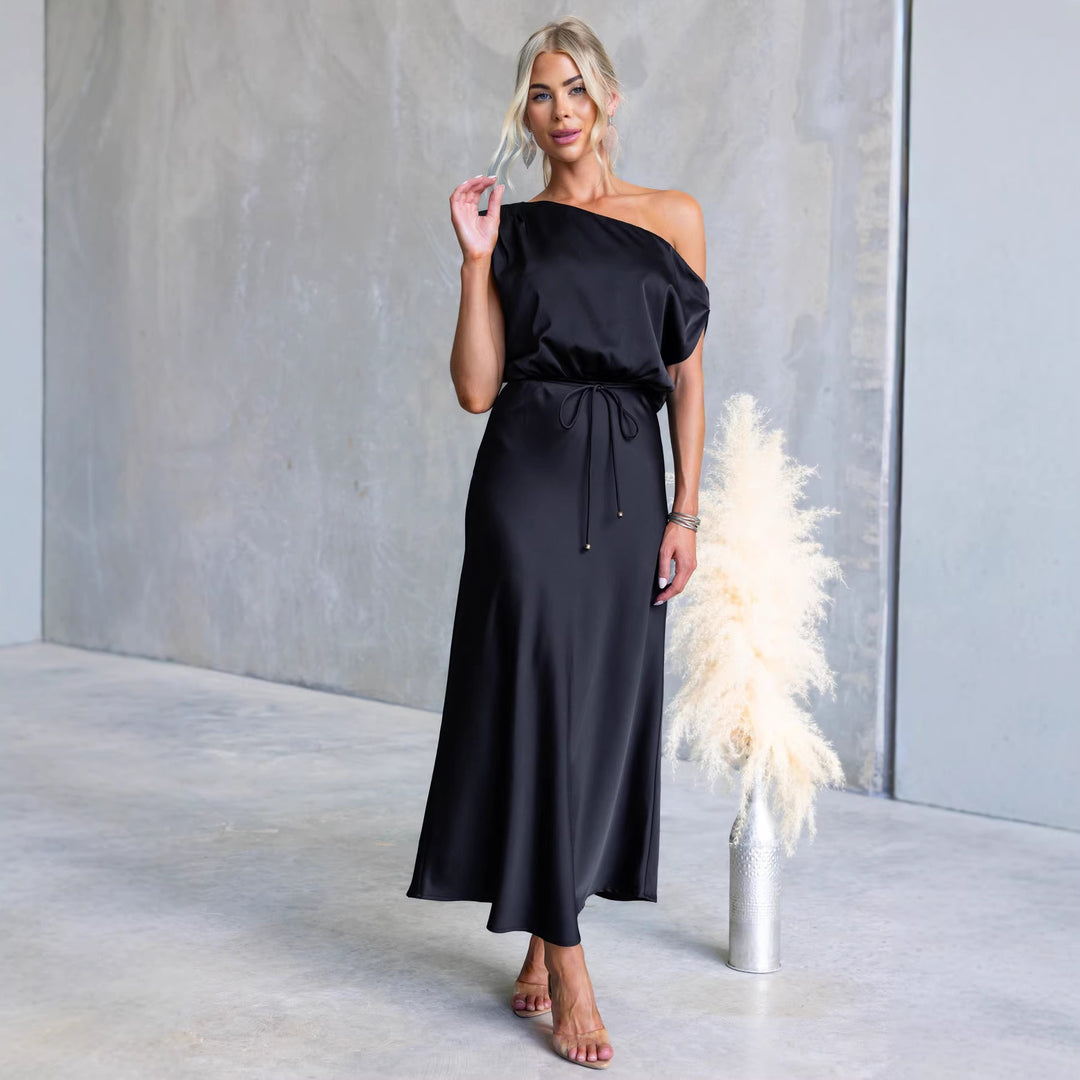 Damen Maxi-Kleid mit schulterfreiem Design und elastischem Taillenbund R&B