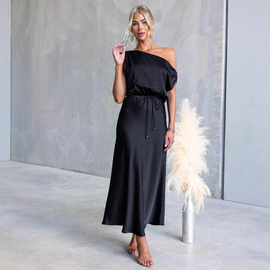 Damen Maxi-Kleid mit schulterfreiem Design und elastischem Taillenbund R&B