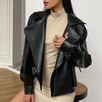 Damen Modische Kunstlederjacke mit elegantem Reverskragen und asymmetrischem Schnitt R&B