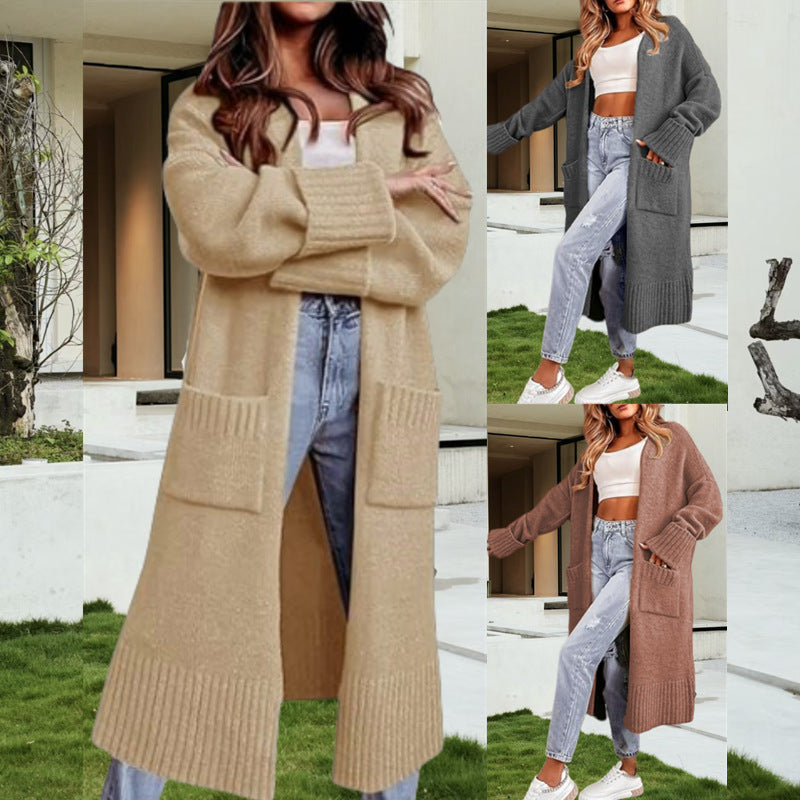 Damen Langer Strickcardigan mit praktischen Taschen und offenem Schnitt R&B