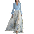 Damen nan fließendes Chiffon-Maxikleid mit tiefem V-Ausschnitt, tailliertem Bund und langem Glockenrock R&B