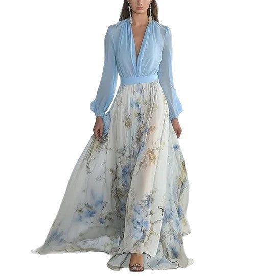 Damen nan fließendes Chiffon-Maxikleid mit tiefem V-Ausschnitt, tailliertem Bund und langem Glockenrock R&B