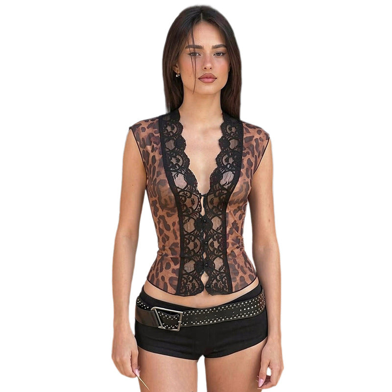 Damen Sexy Spitzenoberteil mit Leopardenmuster R&B