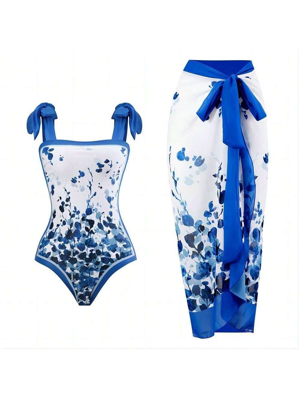 Damen Eleganter Badesuit mit floralen Akzenten und modischem Wickelrock R&B