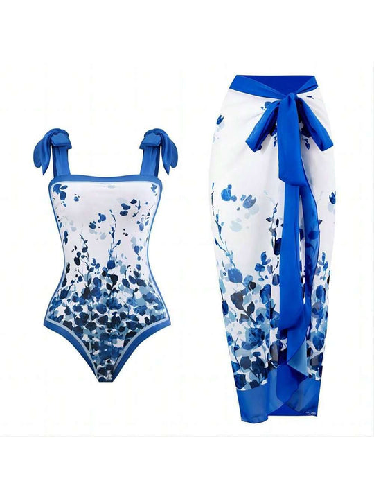 Damen Eleganter Badesuit mit floralen Akzenten und modischem Wickelrock R&B