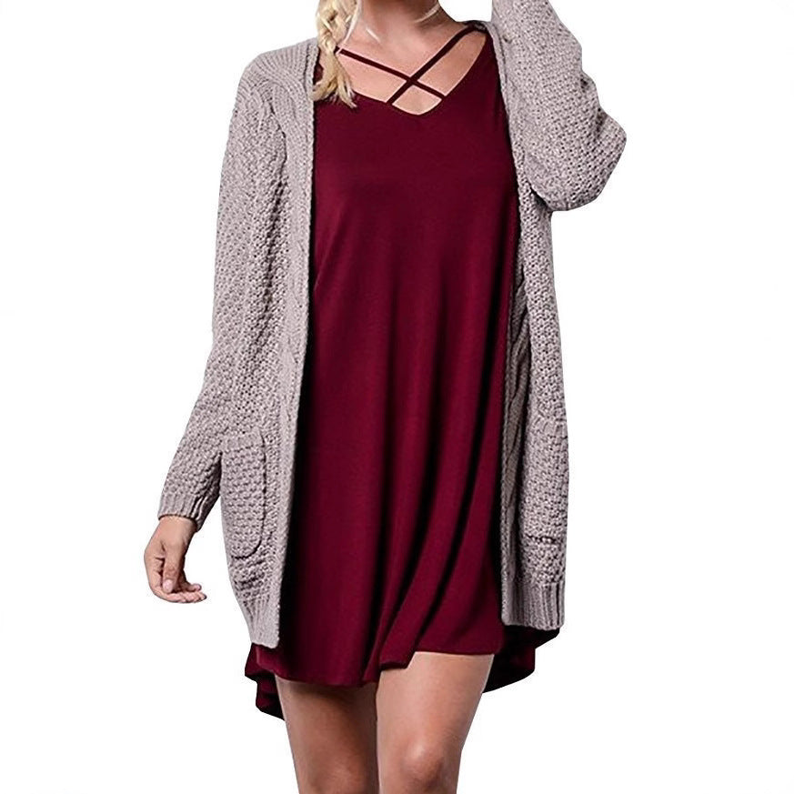 Damen gemütlicher Strickcardigan mit offener Front und Taschen R&B
