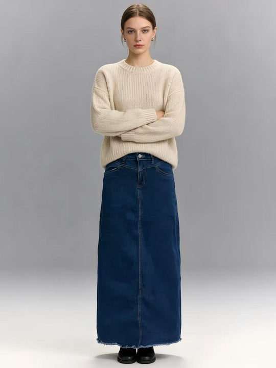 Damen Maxi-Denim-Rock mit hohem Bund und fransigem Saum