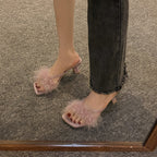 Damen Offene Mules mit dekorativem Plüschbesatz und elegantem Absatz R&B