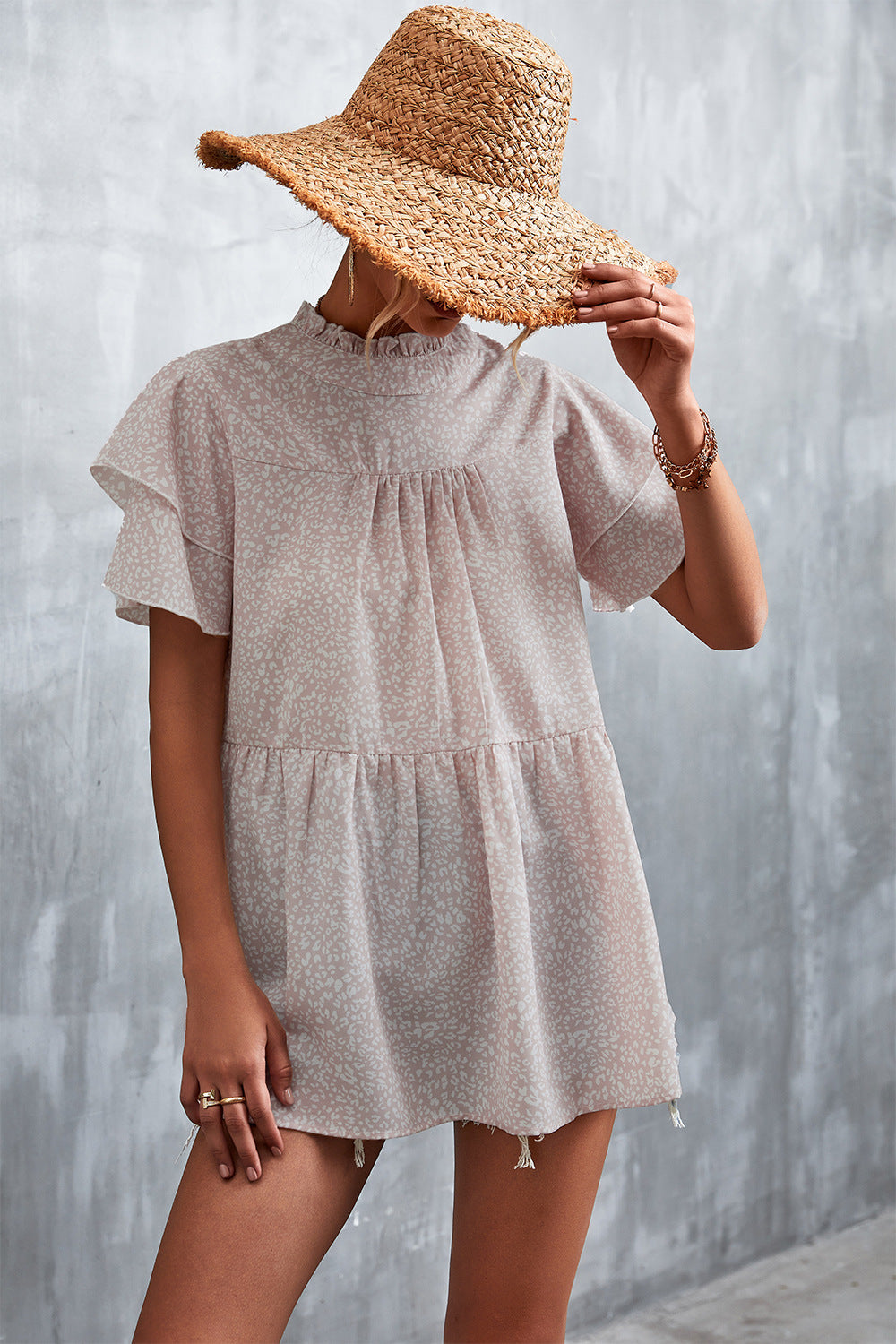 Damen luftiges Freizeitkleid mit voluminösen Rüschen und hohem Stehkragen R&B