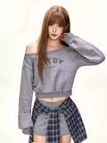 Damen nan einseitig offenes Cropped-French-Terry-Pullover mit voluminösen Ärmeln und Rippbund R&B