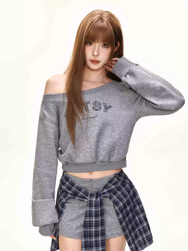 Damen nan einseitig offenes Cropped-French-Terry-Pullover mit voluminösen Ärmeln und Rippbund R&B