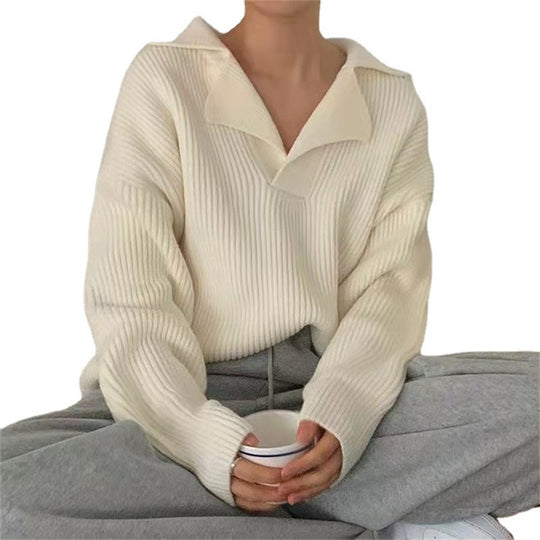 Damen lässiger Feinstrickpullover mit weichem Kragen und Rippstruktur R&B