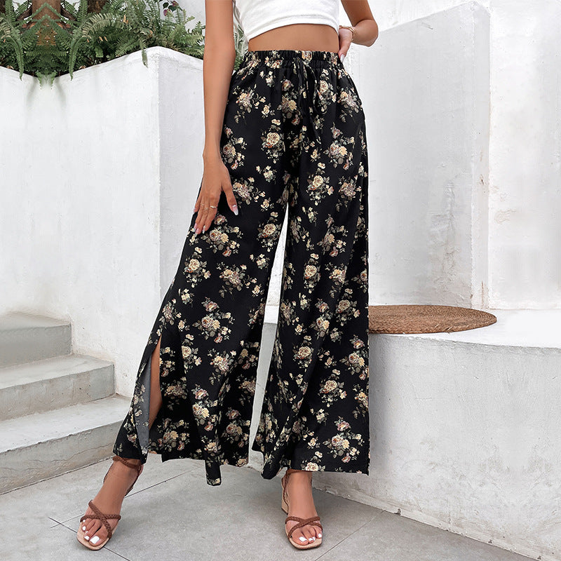 Damen Palazzo-Hose mit floralem Muster und hohen Schlitzen R&B