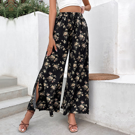 Damen Palazzo-Hose mit floralem Muster und hohen Schlitzen R&B