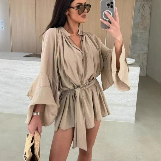 Damen luftige Strandbluse mit voluminösen Ärmeln und Taillengürtel R&B