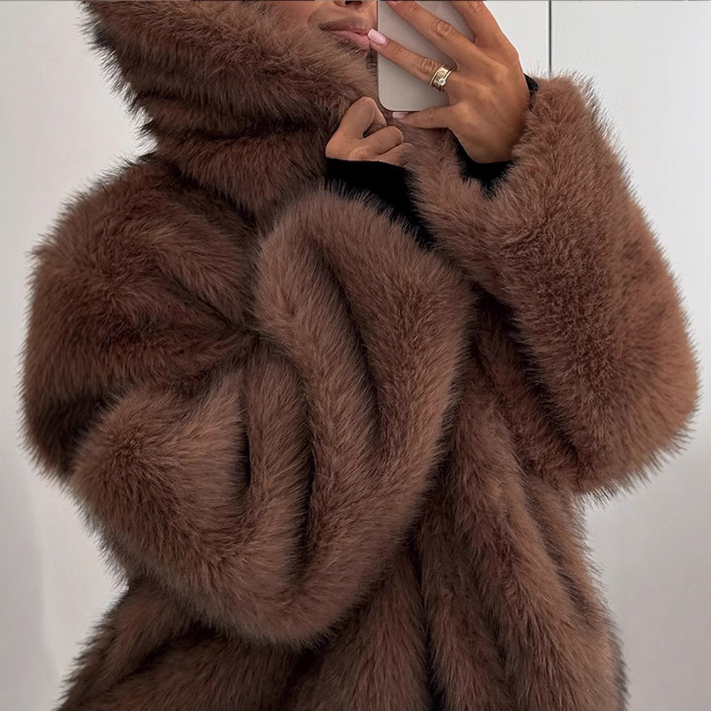 Damen stylischer Kunstfellmantel mit breitem Kragen R&B