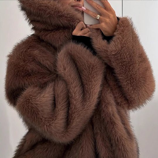 Damen stylischer Kunstfellmantel mit breitem Kragen R&B
