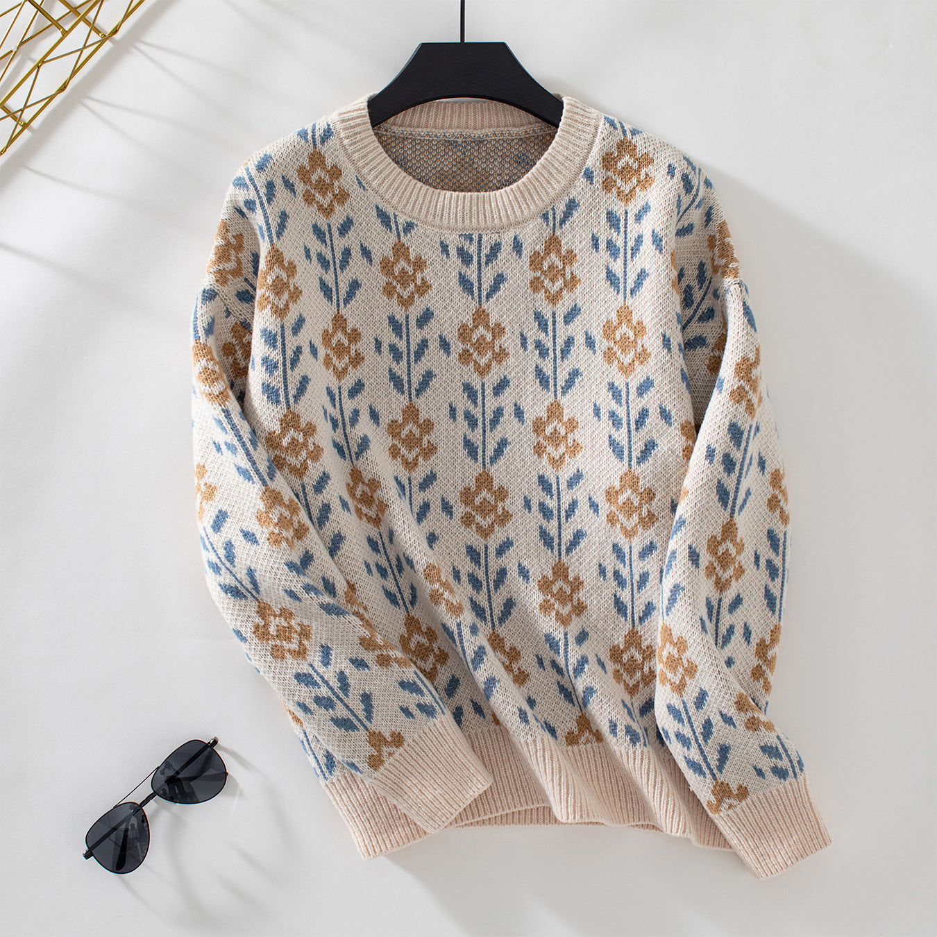 Damen lässiger Pullover mit floralem Muster und Rundhalsausschnitt