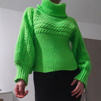 Damen Lockere Strickpullover mit hohem Kragen und ausgefallenem Zopfmuster R&B