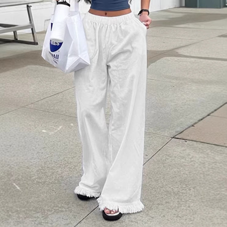 Damen Weite Baumwollhose mit elastischem Bund und femininen Fransen R&B