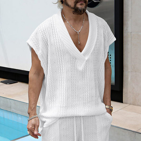 Herren nan kastiges Stricktop aus grobem Strick mit tiefem V-Ausschnitt und Strukturmuster R&B