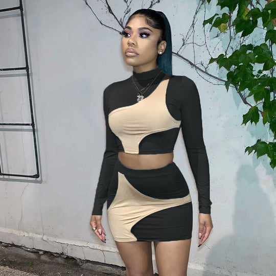 Damen Buntes Crop-Top und Minirock-Set mit asymmetrischem Design R&B