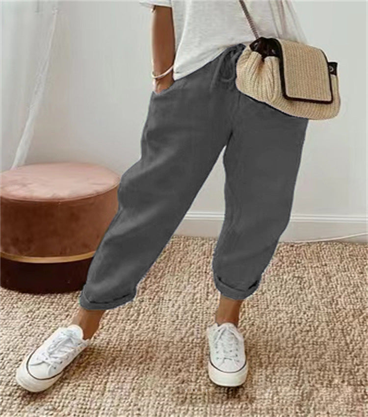 Damen nan leichte Leinenhose mit Kordelzug, lockerer Bundfalten-Passform und gekrempeltem Knöchelabschluss R&B