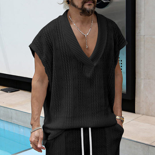 Herren nan kastiges Stricktop aus grobem Strick mit tiefem V-Ausschnitt und Strukturmuster R&B