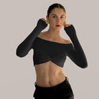 Damen Langarm Cropped Top mit gerafftem Design und schulterfreiem Look R&B