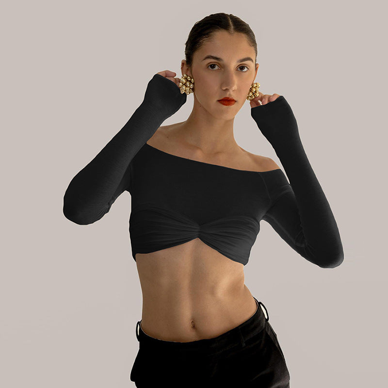 Damen Langarm Cropped Top mit gerafftem Design und schulterfreiem Look R&B