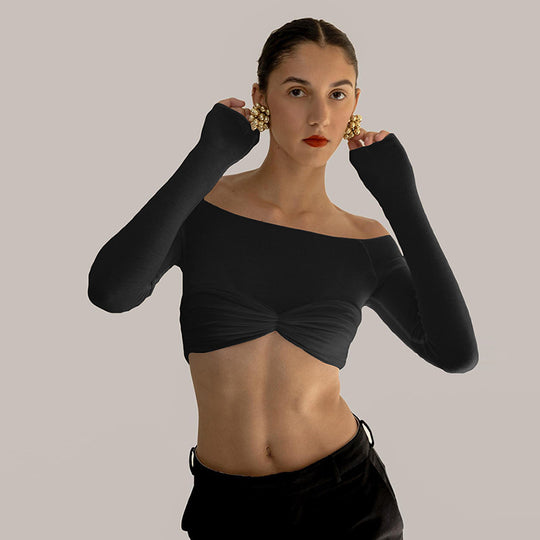 Damen Langarm Cropped Top mit gerafftem Design und schulterfreiem Look R&B