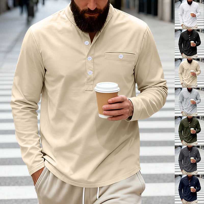 Herren nan lässiges Langarm-Henleyshirt aus Baumwollmischung mit Brusttasche R&B