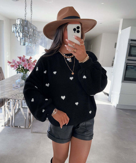 Damen lässiger Strickpullover mit herzförmigen Mustern und angeschnittenen Ärmeln R&B