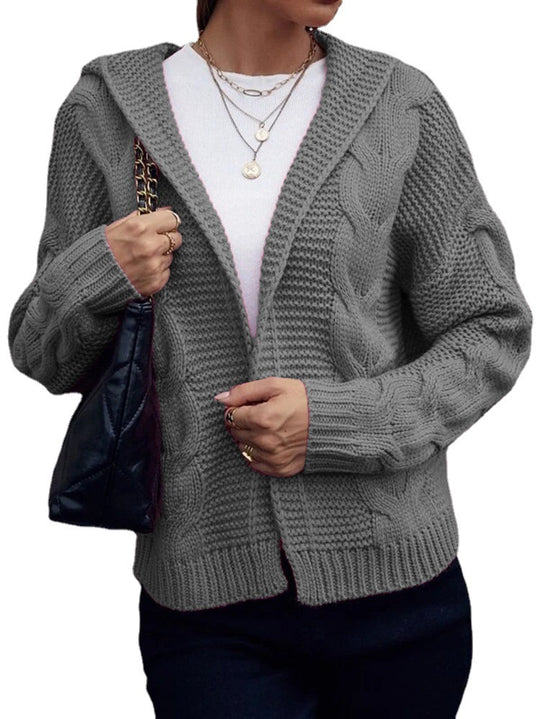 Damen Strickjacke mit Kapuze und dekorativem Kabelmuster R&B