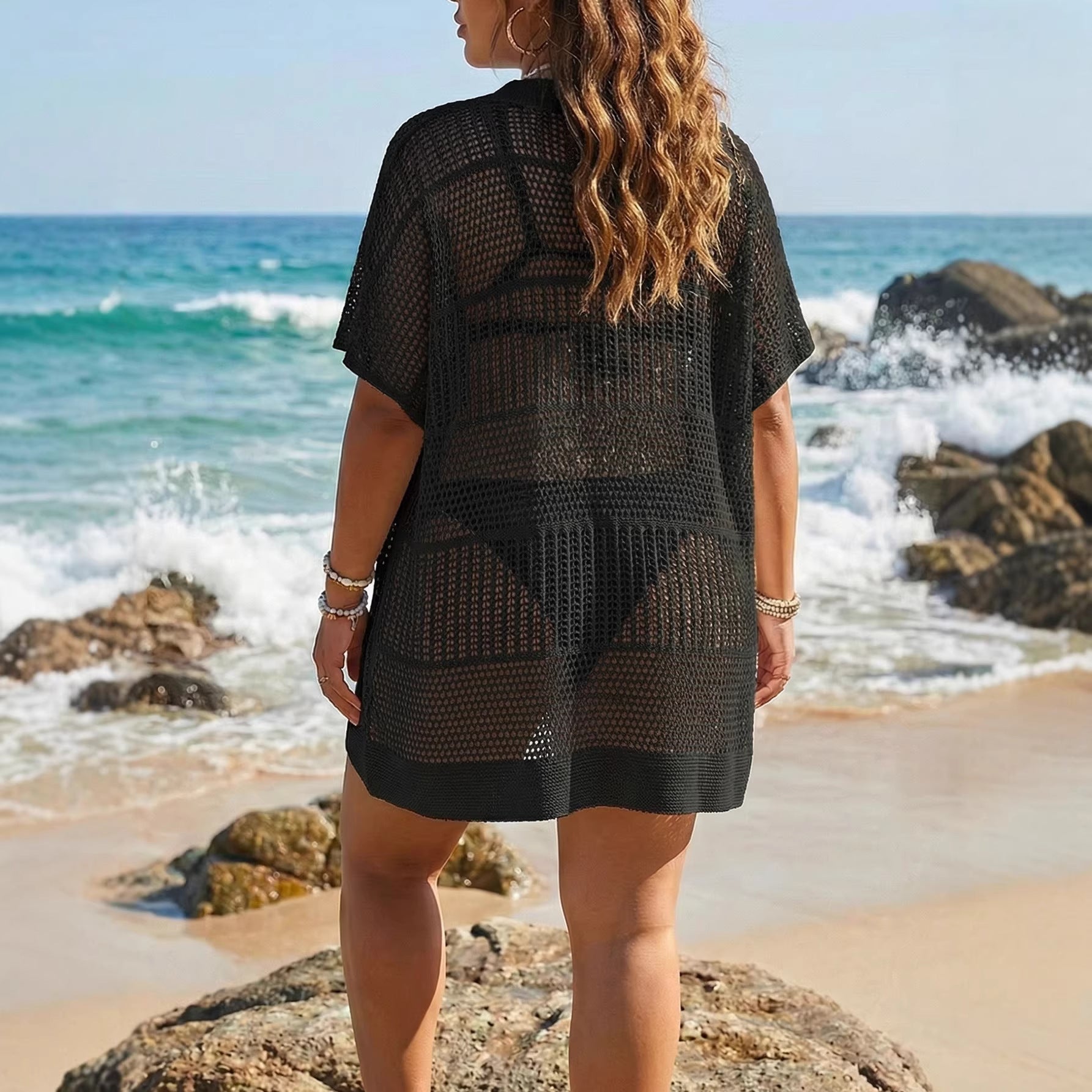 Damen transparentes Häkel-Strandkleid R&B