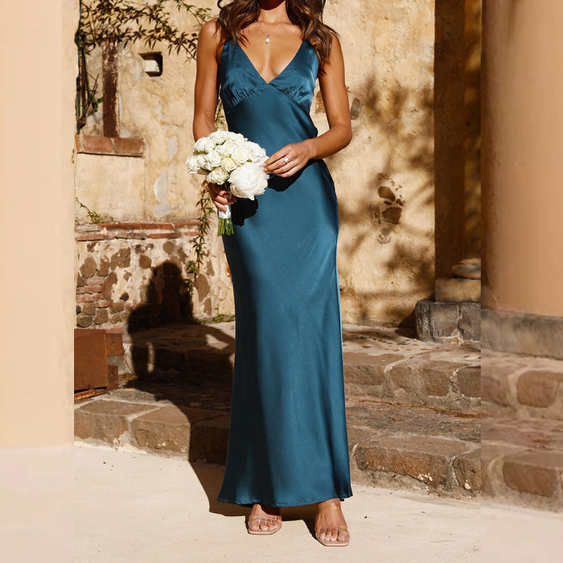 Damen Satin Maxikleid mit eleganter V-Form und fließendem Schnitt R&B