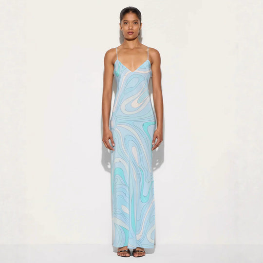 Damen nan elegantes Slip-Maxikleid mit V-Ausschnitt, filigranen Spaghettiträgern und retro-grafischem Allover-Print R&B