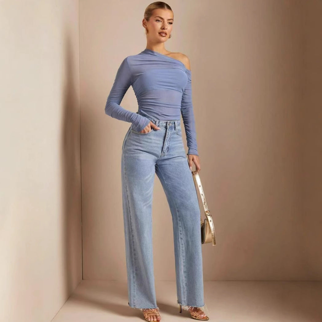 Damen Asymmetrischer Body mit Raffungen und langen Ärmeln R&B