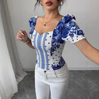 Damen Puffärmel Bluse mit floralem Muster R&B