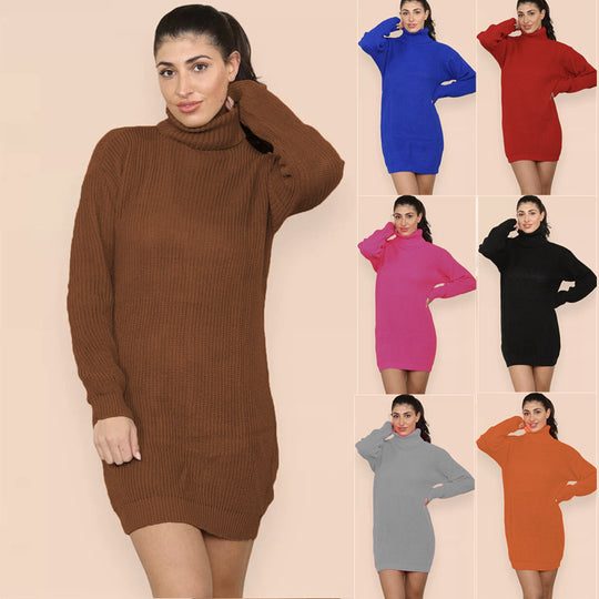 Damen Strickkleid im Oversized-Stil mit hohem Kragen und dekorativem Rippdesign R&B