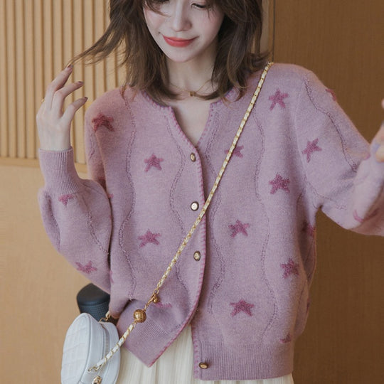 Damen Gemusterter Strickcardigan mit Sternenmotiv und Knopfleiste R&B