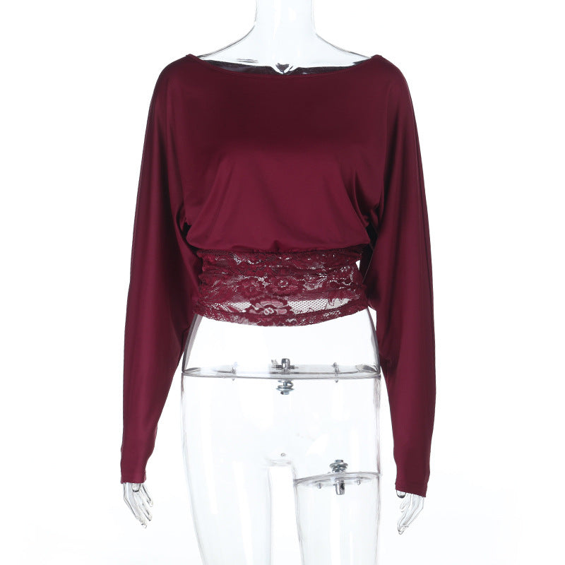 Damen elegantes Crop-Top mit Spitzenbesatz und langen Ärmeln R&B