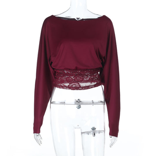 Damen elegantes Crop-Top mit Spitzenbesatz und langen Ärmeln R&B