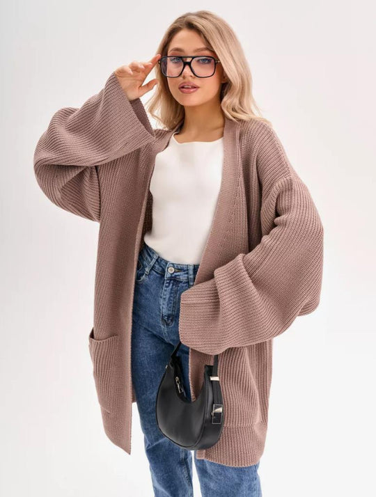 Damen kuscheliger langer Strickcardigan mit weiten Ärmeln und praktischen Taschen R&B