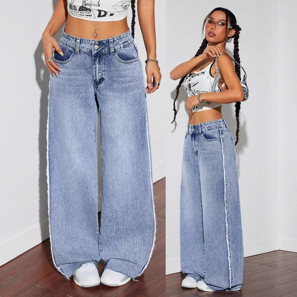 Damen Weite Denim-Jeans mit auffälligem fransigem Saum und hoher Taille R&B