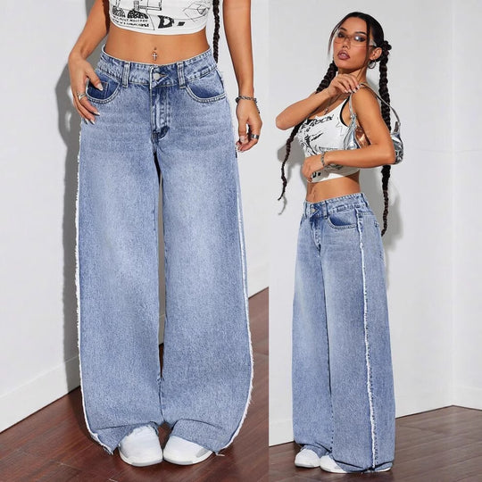 Damen Weite Denim-Jeans mit auffälligem fransigem Saum und hoher Taille R&B