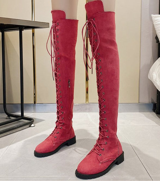 Damen Überknee-Stiefel mit modischem Schnür-Design und robustem Profil R&B