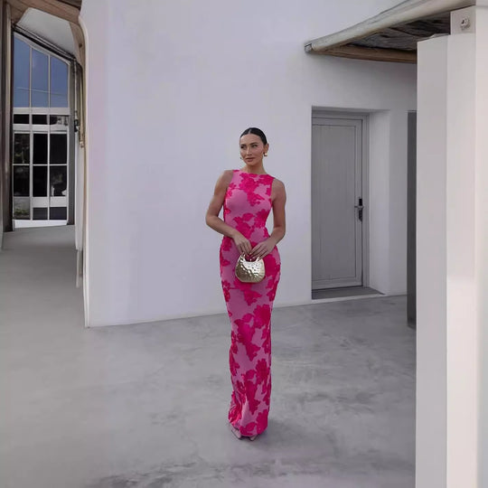 Damen Maxi-Kleid mit floralem 3D-Stickdesign und figurbetonter Silhouette R&B