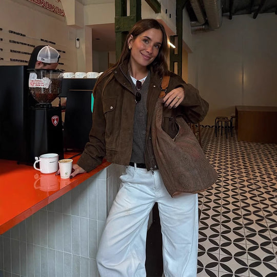 Damen lässige Suede-Jacke mit funktionalen Taschen und modernem Design R&B