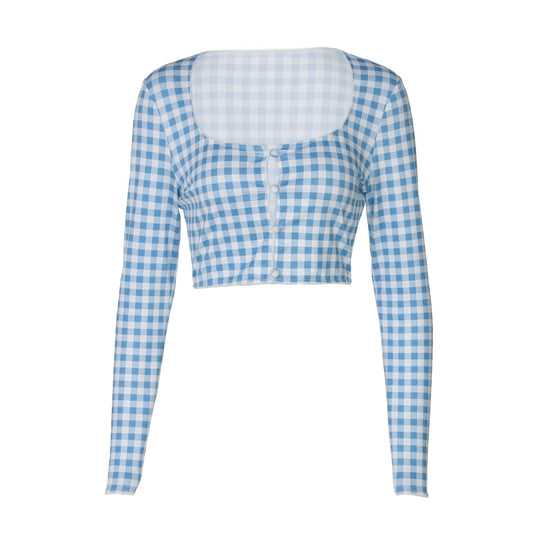 Damen cropped Langarmbluse mit Karomuster R&B